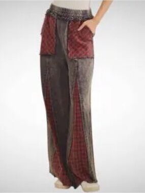 Wide Leg Patchwork Pants in Gray and Burgundy